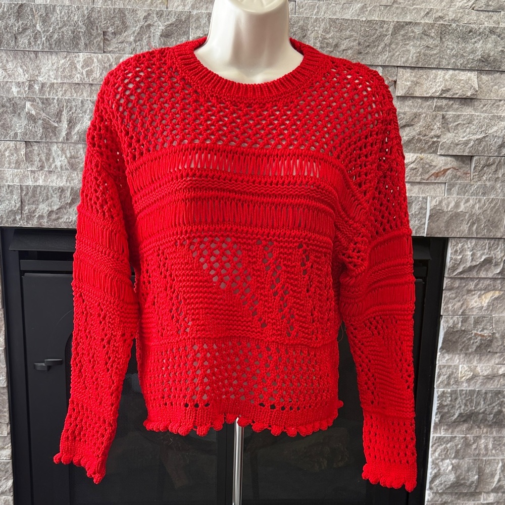 Zara Red Open Knit Crewneck Sweater